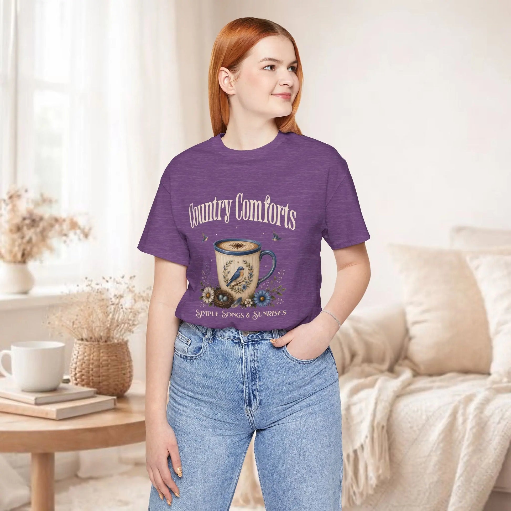 Country Comforts Tee — 'Simple Song & Sunrises' Coffee Mug Bird Floral Graphic T‑Shirt Printify