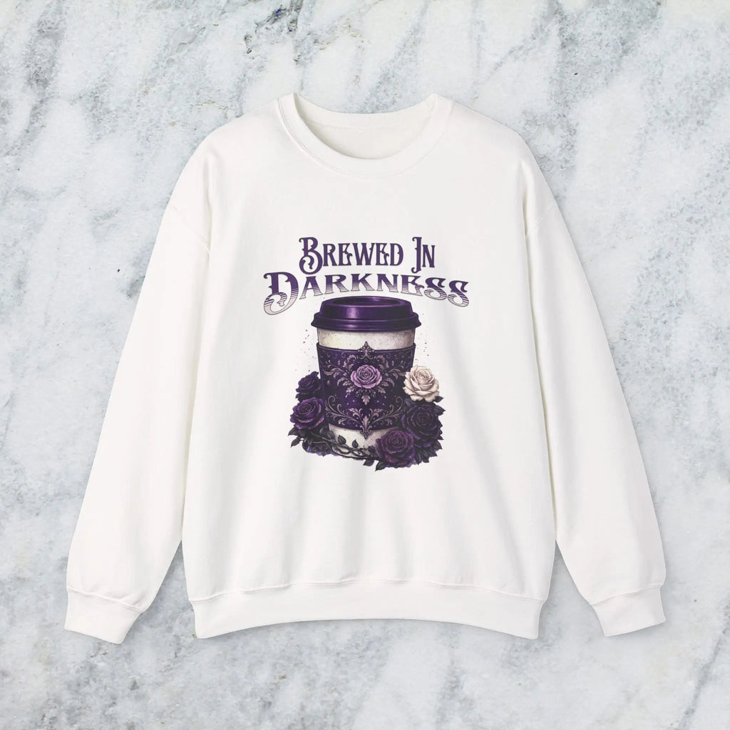Brewed in Darkness Sweatshirt — Gothic Coffee Cup Graphic Printify
