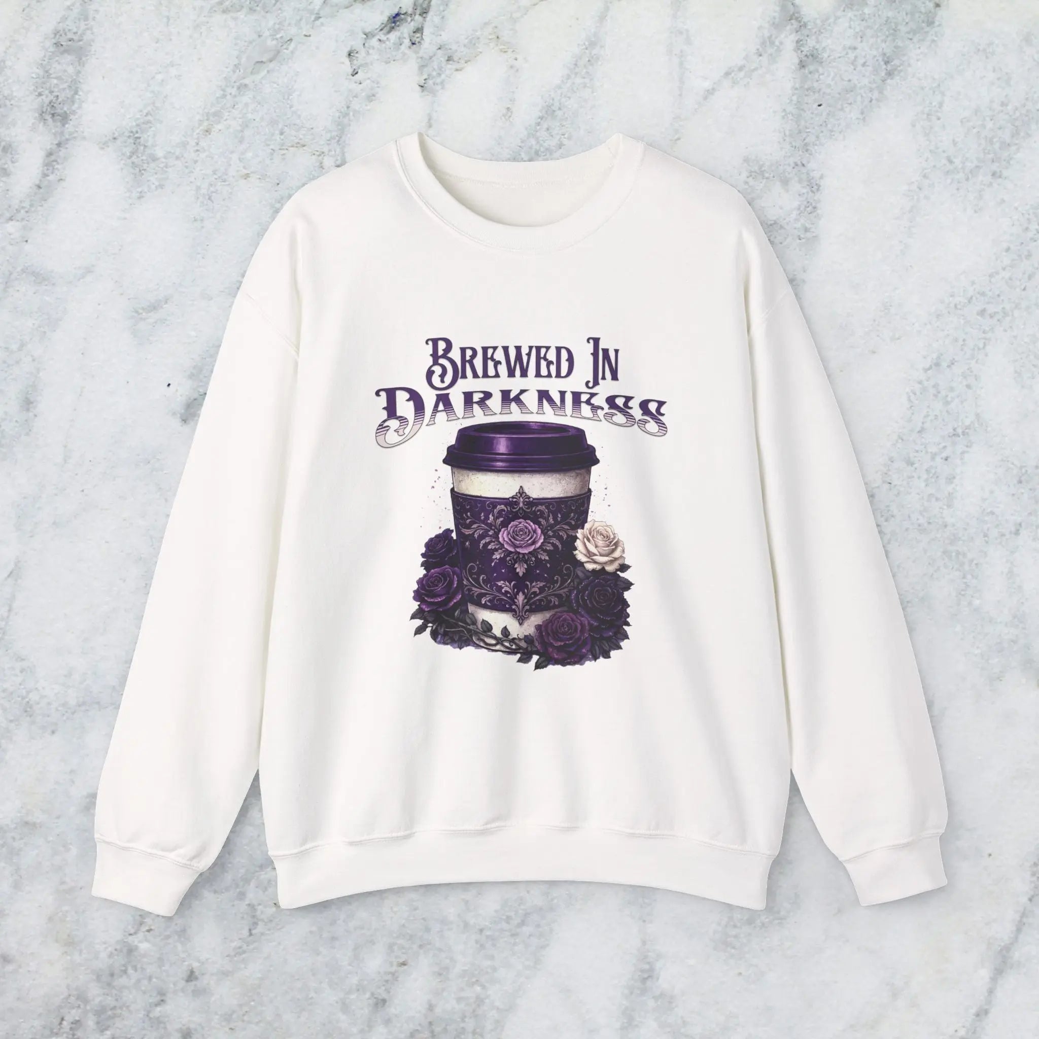 Brewed in Darkness Sweatshirt — Gothic Coffee Cup Graphic Printify