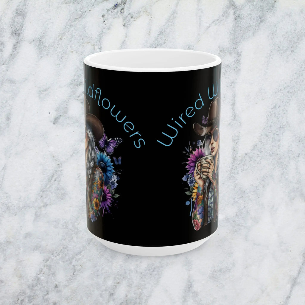Cowgirl with Tattoos Ceramic Mug — "Wired Wildflowers" Coffee Cup Printify
