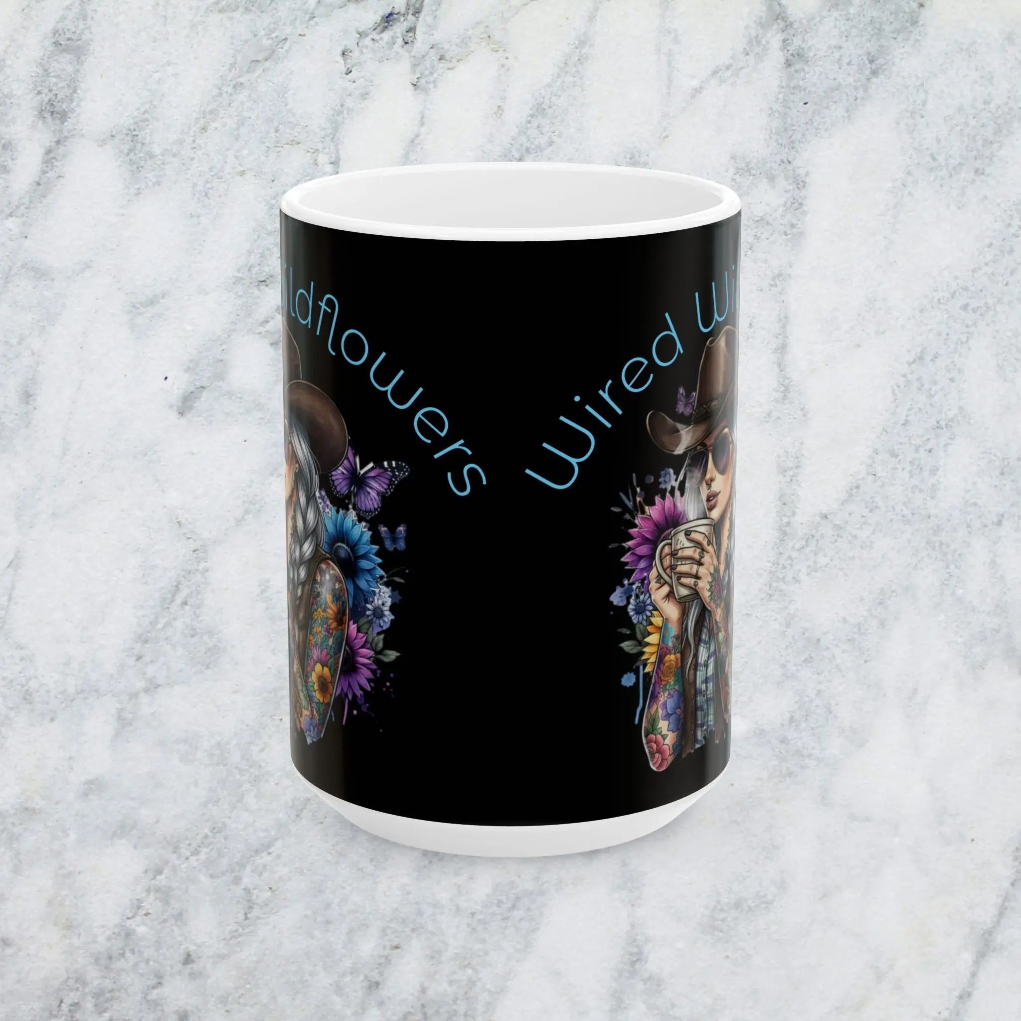 Cowgirl with Tattoos Ceramic Mug — "Wired Wildflowers" Coffee Cup Printify
