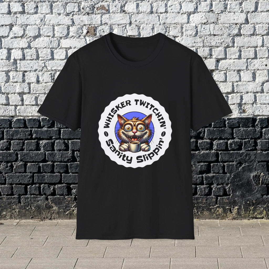 Whisker Twitchin’ Sanity Slippin’ T-Shirt – Funny Crazy Cat Coffee Lover Tee for Men and Women, Caffeine Addict Humor Gift Shirt Printify
