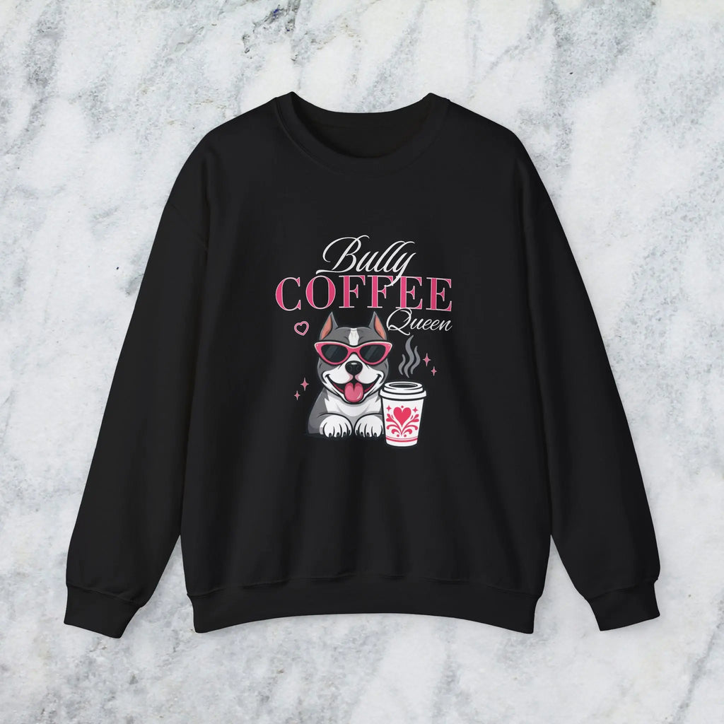 Bully Coffee Queen Sweatshirt — Pitbull with Coffee & Pink Shades Printify