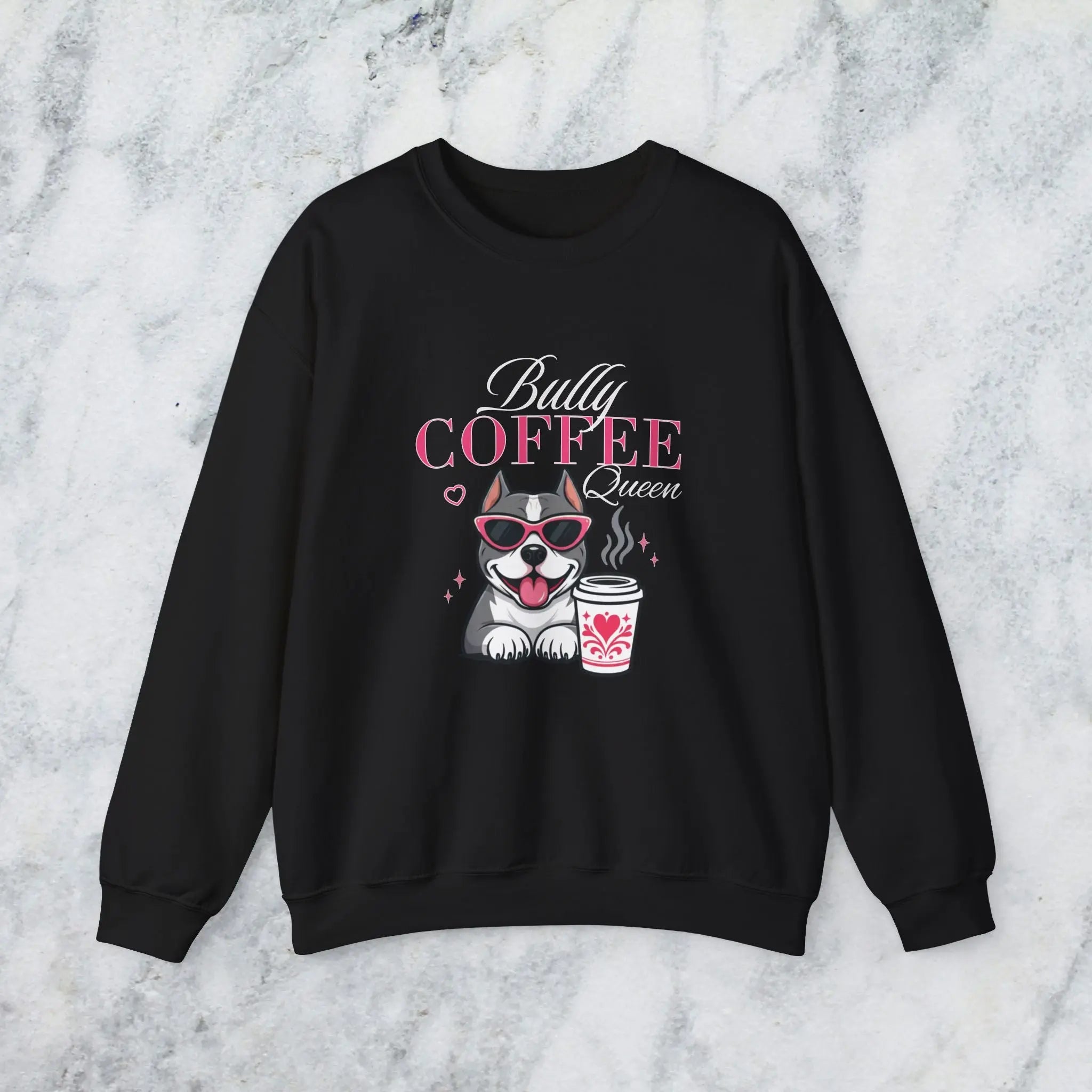 Bully Coffee Queen Sweatshirt — Pitbull with Coffee & Pink Shades Printify