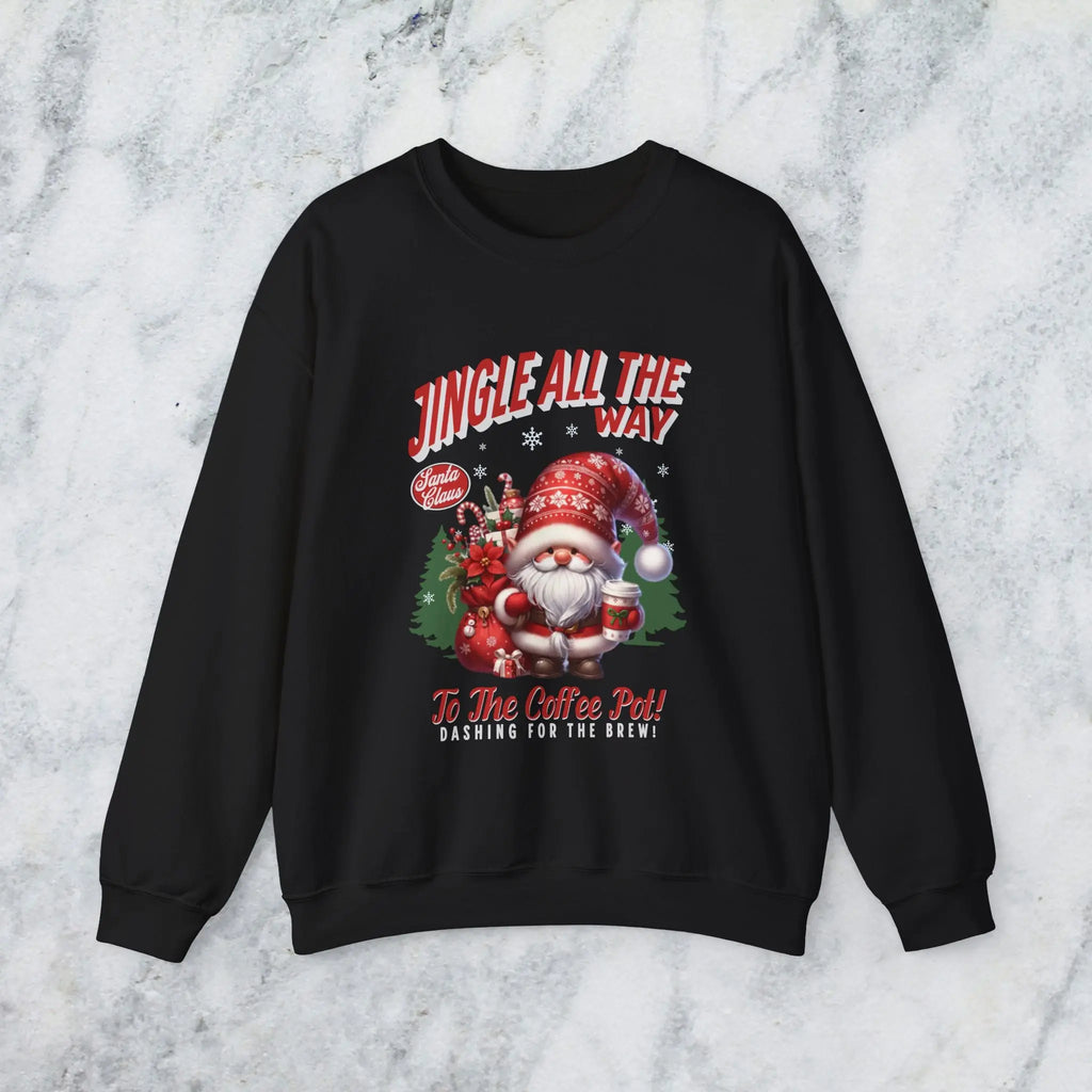 Jingle All the Way Sweatshirt - Cute Santa Holding Coffee and Toys Printify