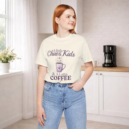 Chaos,Kids & Coffee T‑Shirt — “A Little Chaos, Kids & A Lotta Coffee” Mom Tee Printify