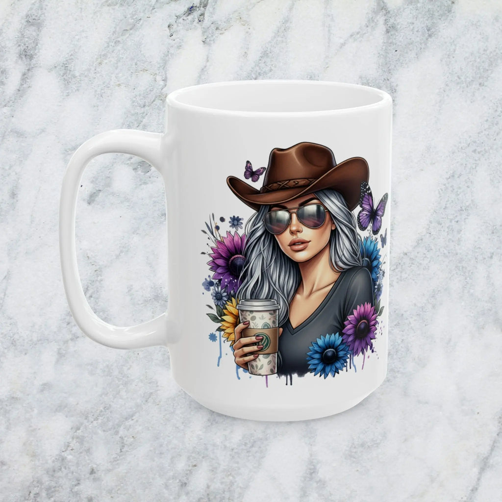 Cowgirl Sunflowers & Butterflies 15oz Ceramic Mug — Cowgirl Drinking Coffee Design Printify