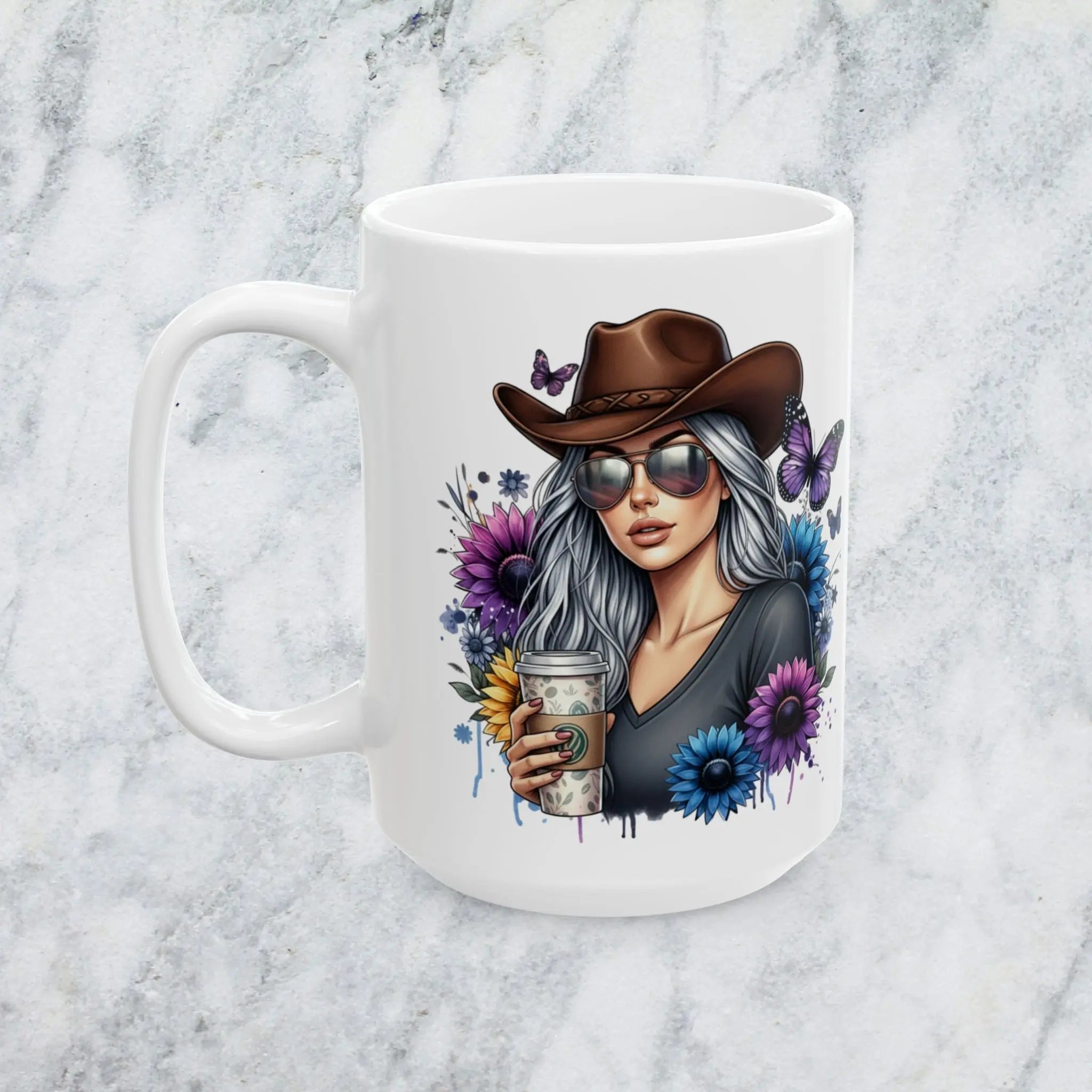 Cowgirl Sunflowers & Butterflies 15oz Ceramic Mug — Cowgirl Drinking Coffee Design Printify