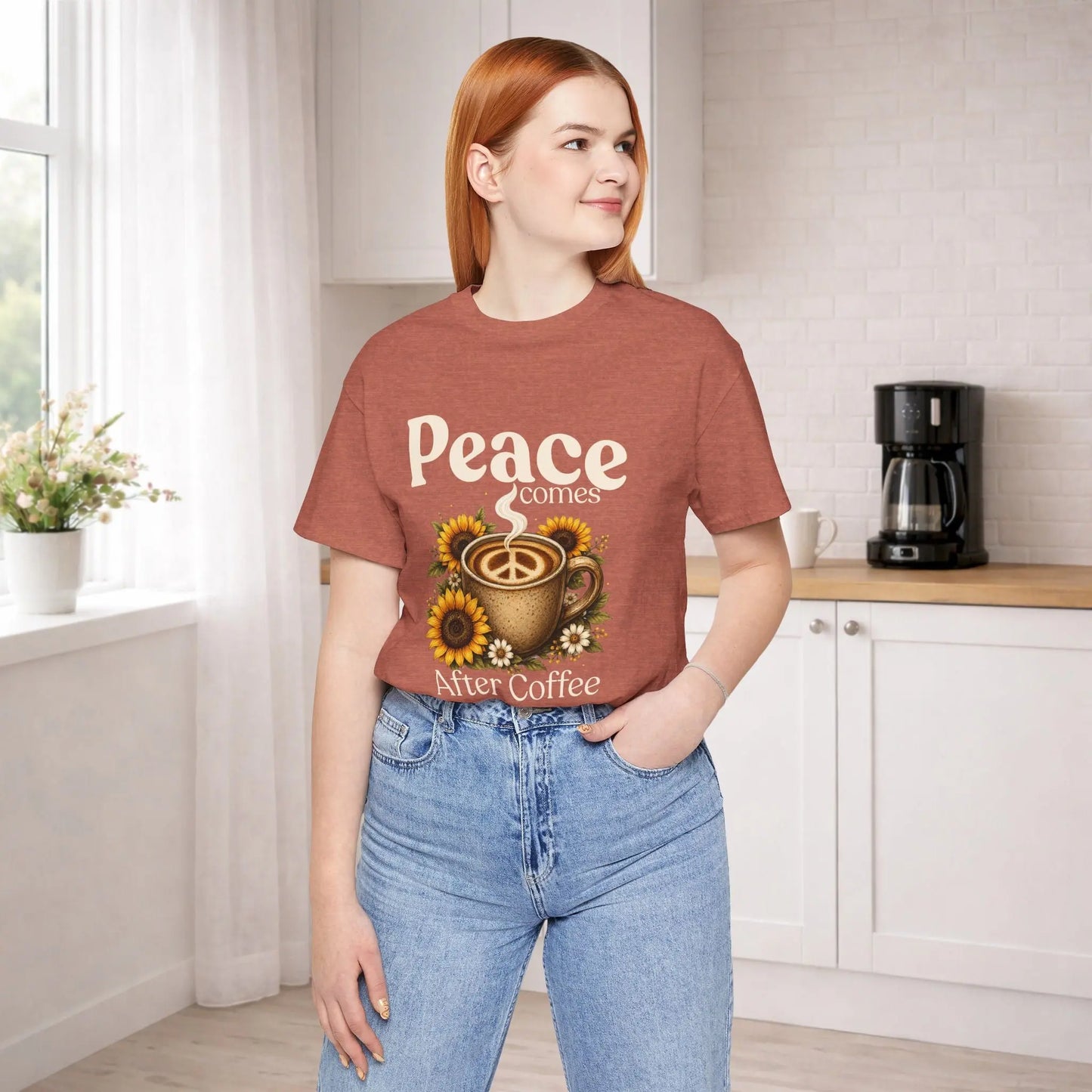 Peace Comes After Coffee Tee — Sunflower Coffee Lover T-Shirt Printify