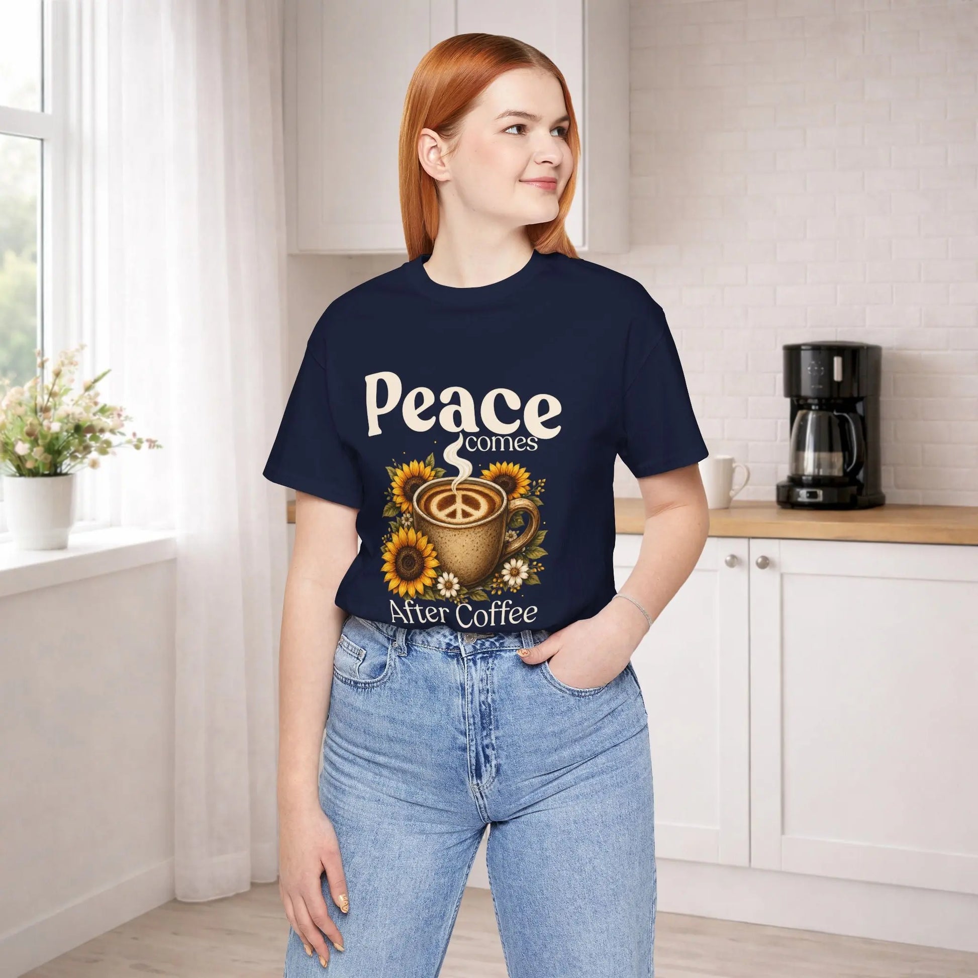 Peace Comes After Coffee Tee — Sunflower Coffee Lover T-Shirt Printify