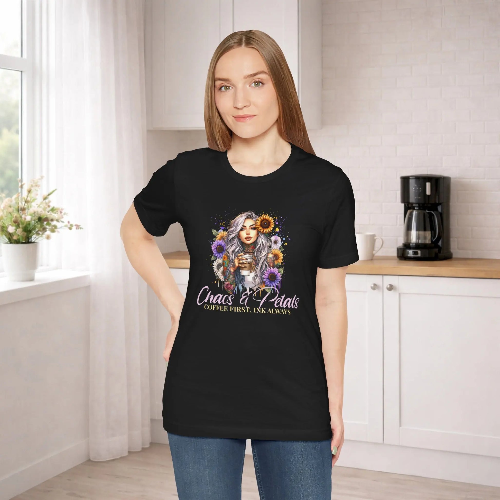 Chaos & Petals Coffee T-Shirt Printify