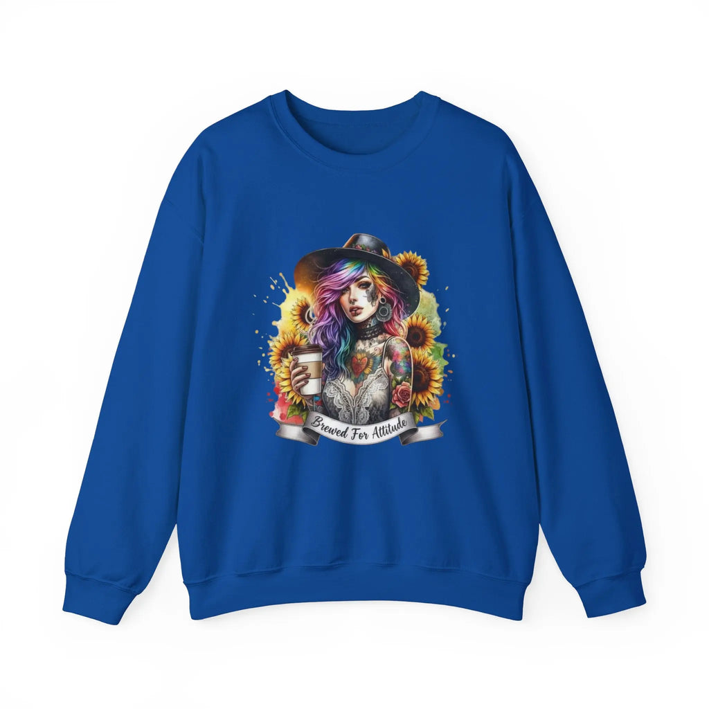 Brewed for Attitude Sunflower Sweatshirt, Cozy Unisex Crewneck, Gifts for Her, Trendy Fall Apparel, Tattoo Art Fashion Printify