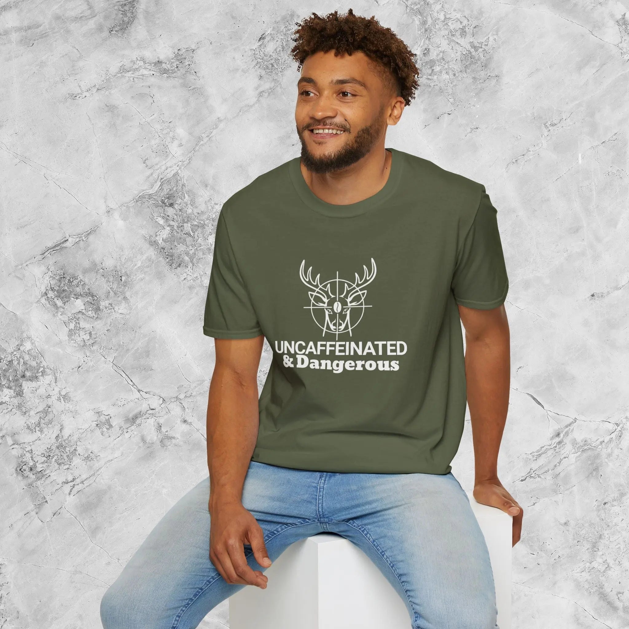 Uncaffeinated & Dangerous T-Shirt – Hunting Deer Graphic Tee Printify