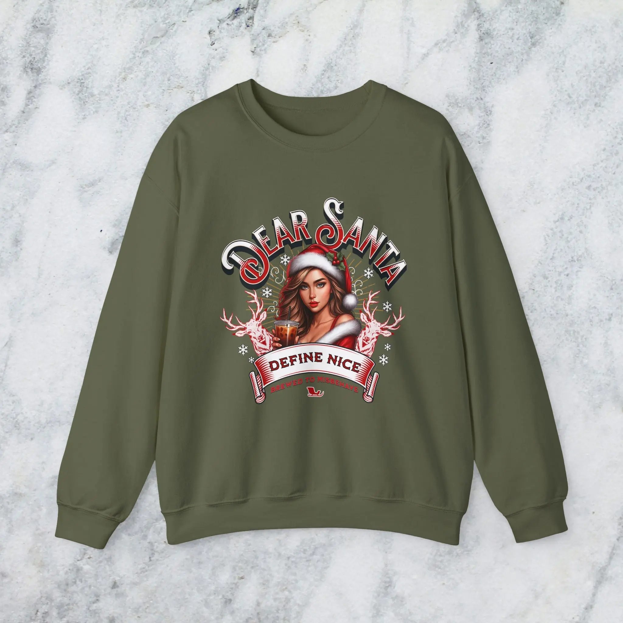 Holiday Sweatshirt — “Dear Santa, Define Nice” Iced Coffee Funny Christmas Crewneck Printify