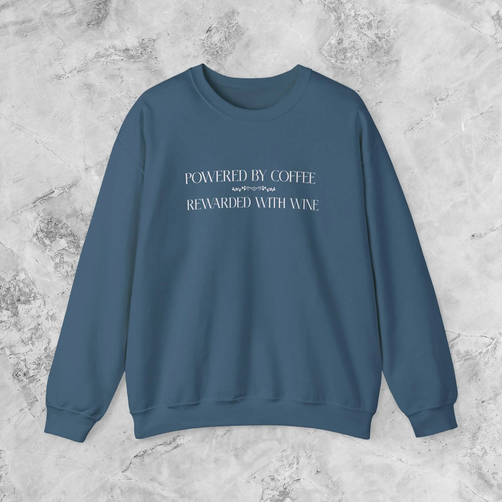 "Powered by Coffee, Rewarded with Wine" Crewneck Sweatshirt — Cozy Casual Coffee & Wine Lover Pullover Printify