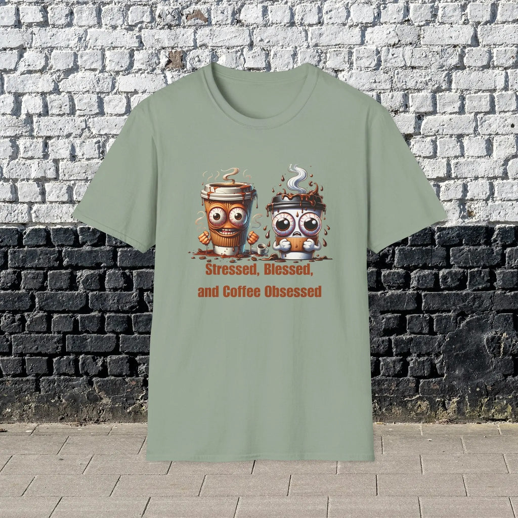 Stressed Blessed and Coffee Obsessed Shirt – Funny Coffee Lover T-Shirt, Caffeine Addict Tee, Cute Coffee Gift for Him Printify
