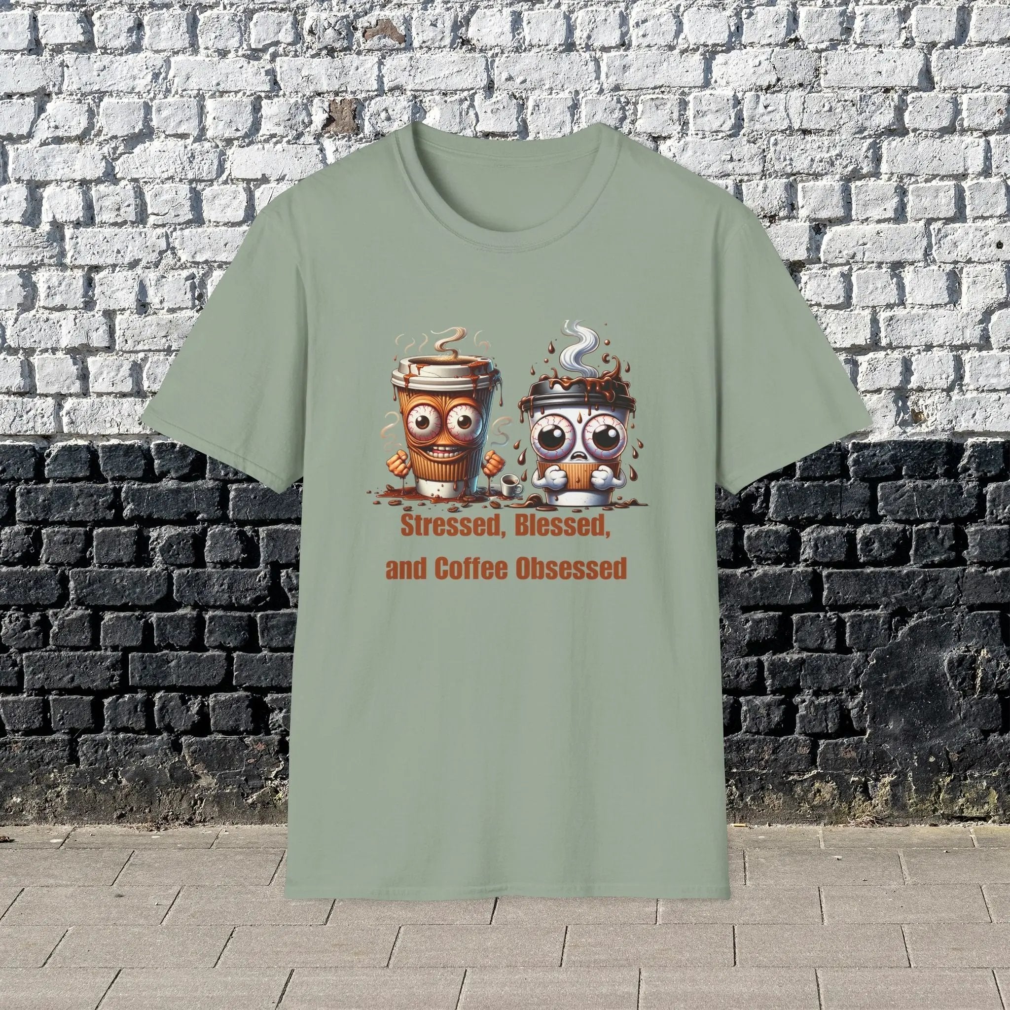 Stressed Blessed and Coffee Obsessed Shirt – Funny Coffee Lover T-Shirt, Caffeine Addict Tee, Cute Coffee Gift for Him Printify