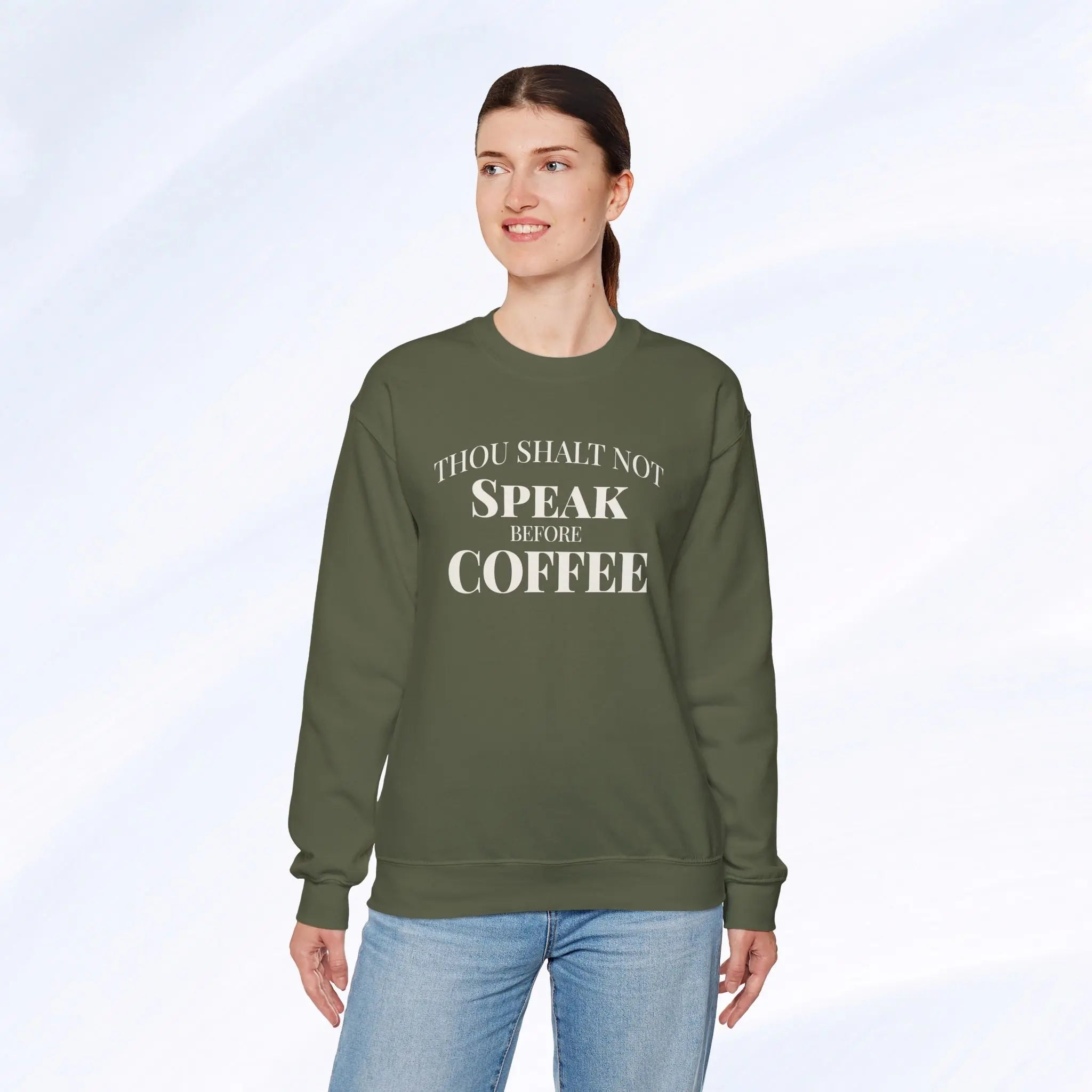 Thou Shalt Not Speak Before Coffee Sweatshirt Printify