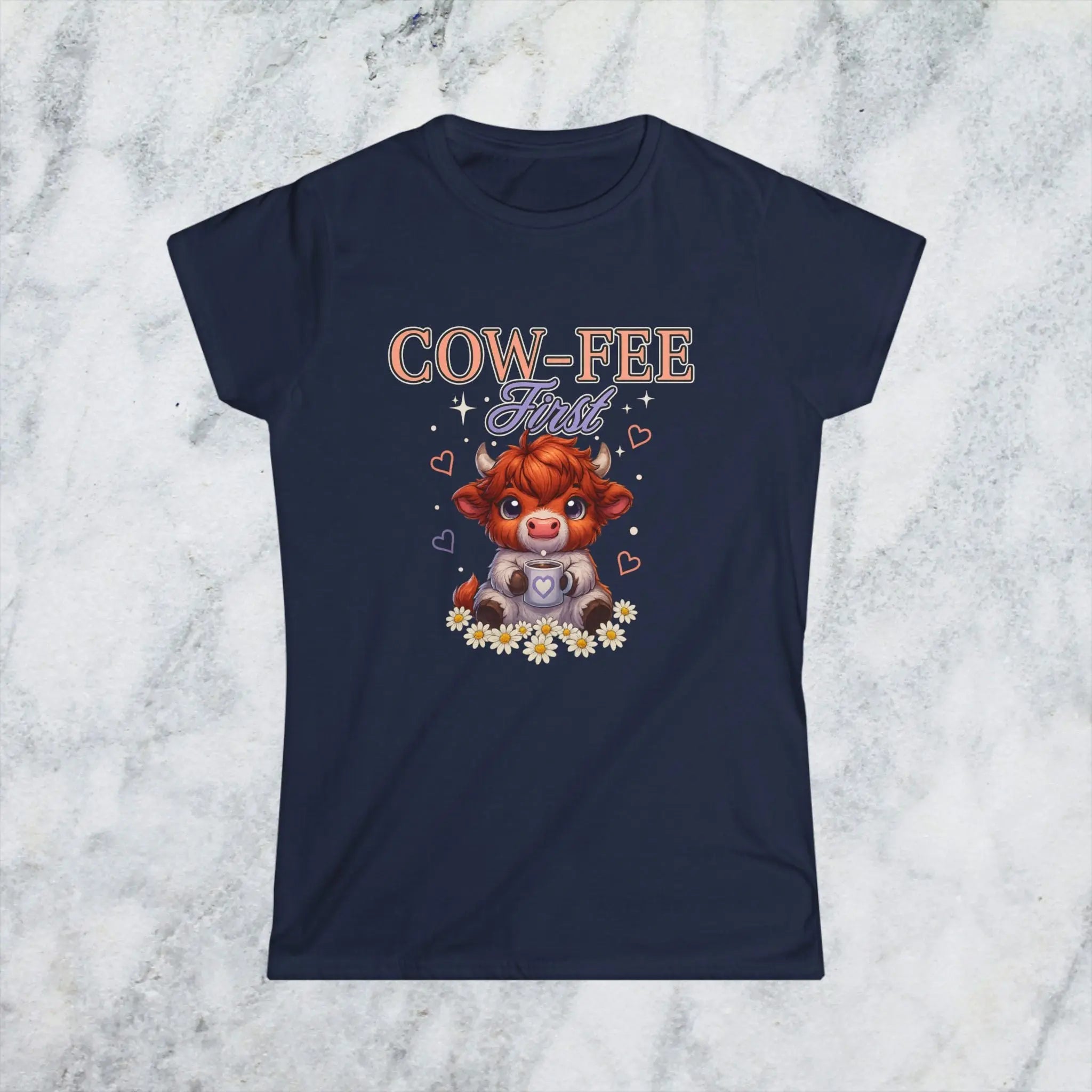 Cute Cow Coffee Tee — "Cow-fee First" Women's Softstyle T-Shirt Printify