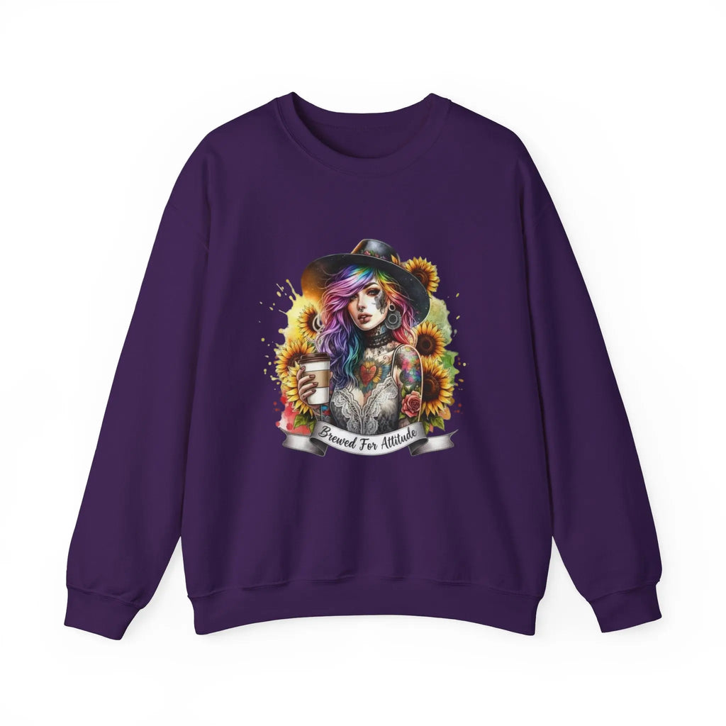 Brewed for Attitude Sunflower Sweatshirt, Cozy Unisex Crewneck, Gifts for Her, Trendy Fall Apparel, Tattoo Art Fashion Printify