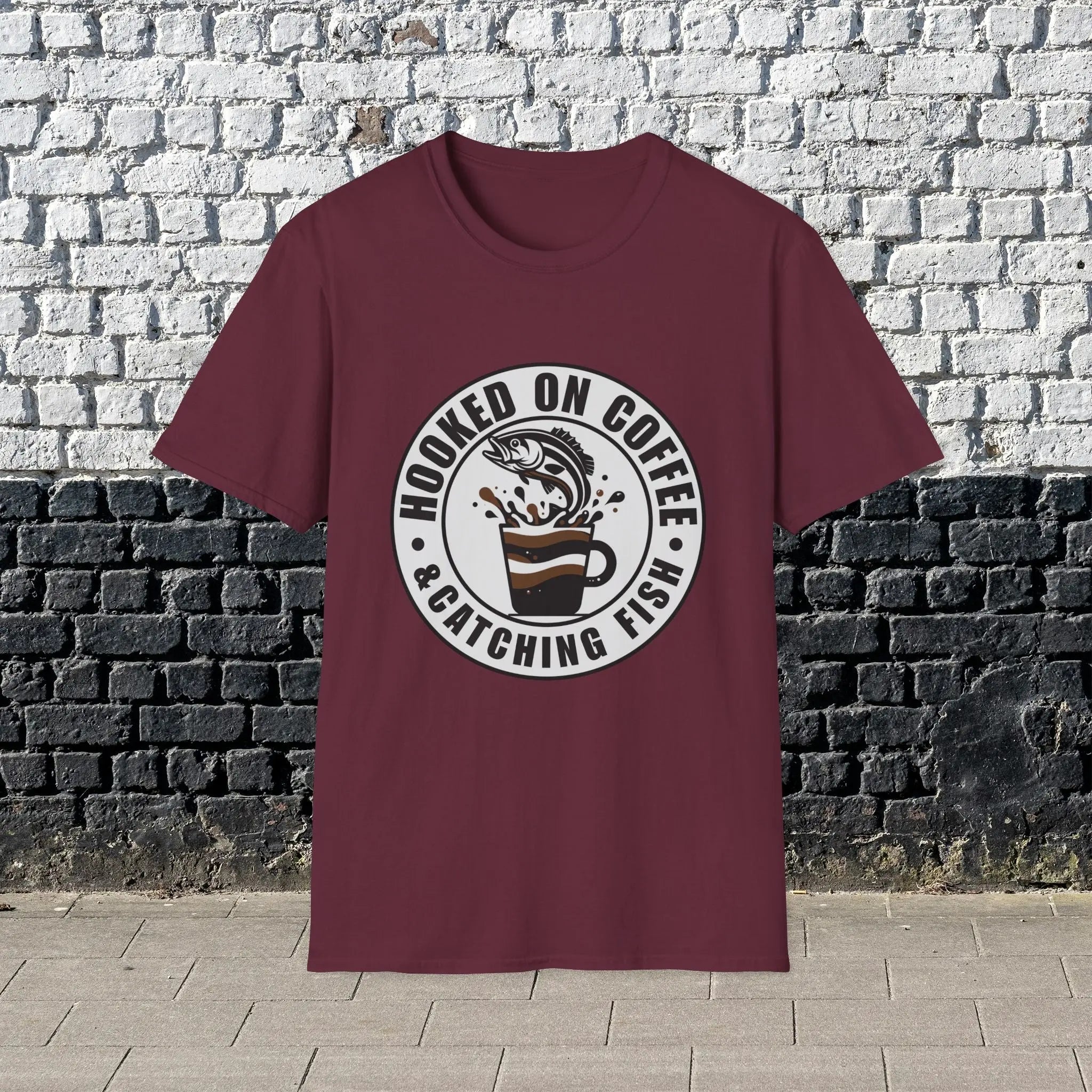 Hooked on Coffee & Catching Fish T‑Shirt – Fishing & Coffee Lover Tee Printify