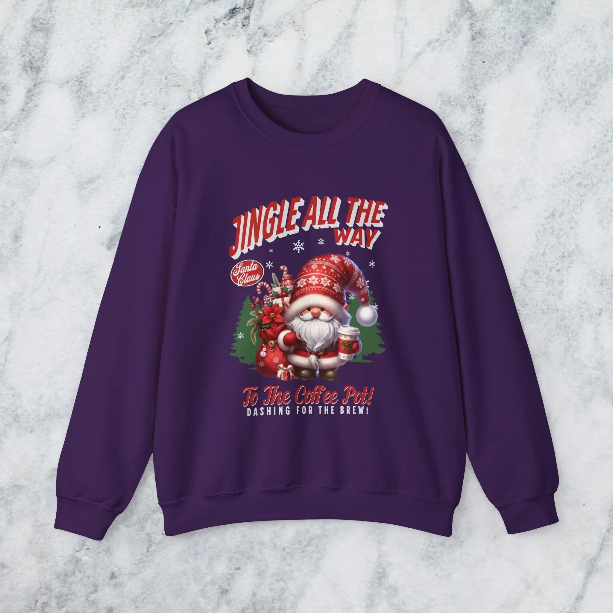 Jingle All the Way Sweatshirt - Cute Santa Holding Coffee and Toys Printify