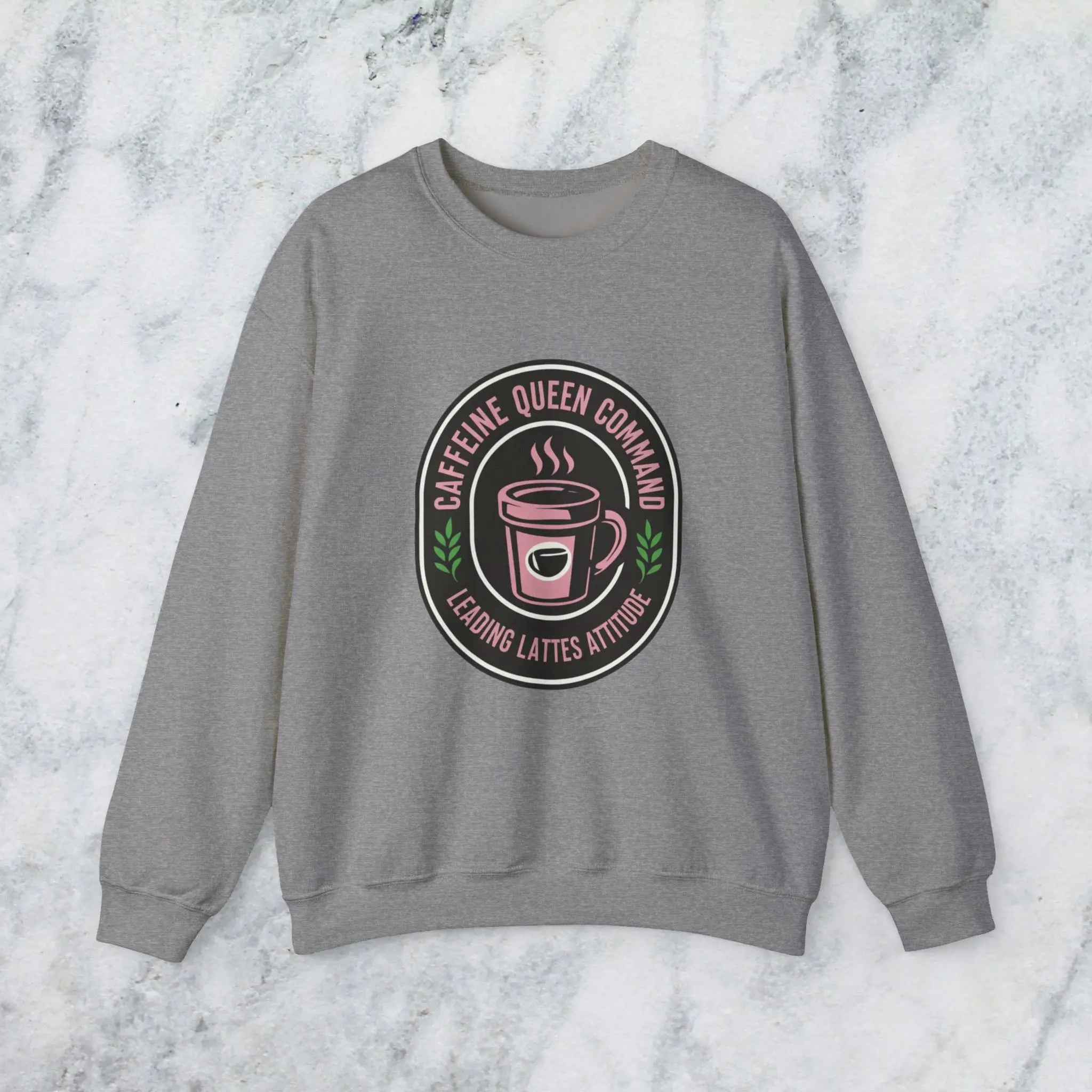 Coffee Crewneck Sweatshirt — "Caffeine Queen Command" Latte Lovers Pullover Printify