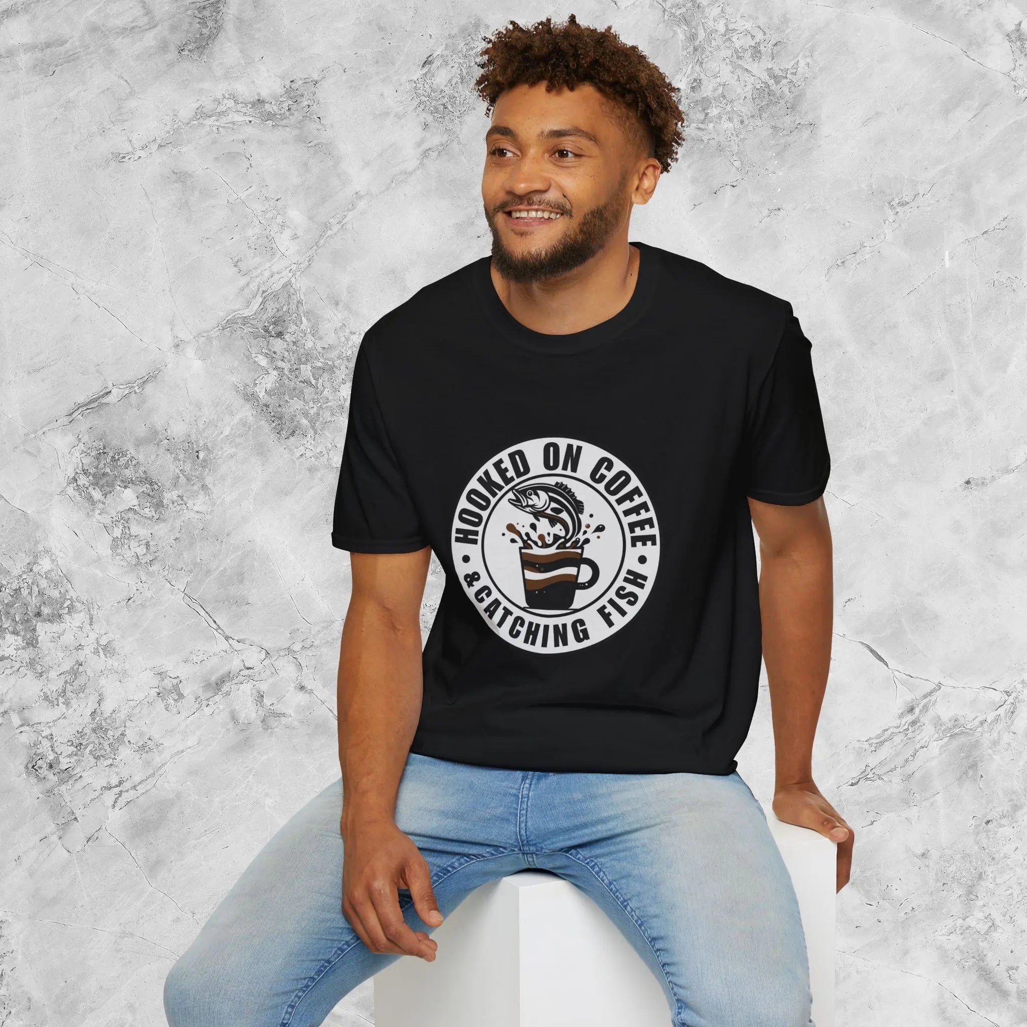 Catching Fish T‑Shirt – Fishing & Coffee Lover Tee Printify