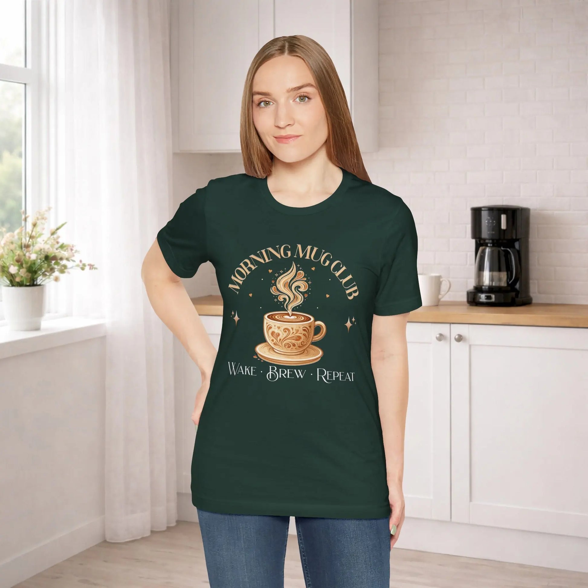 Morning Mug Club Tee — "Wake Brew Repeat" Printify