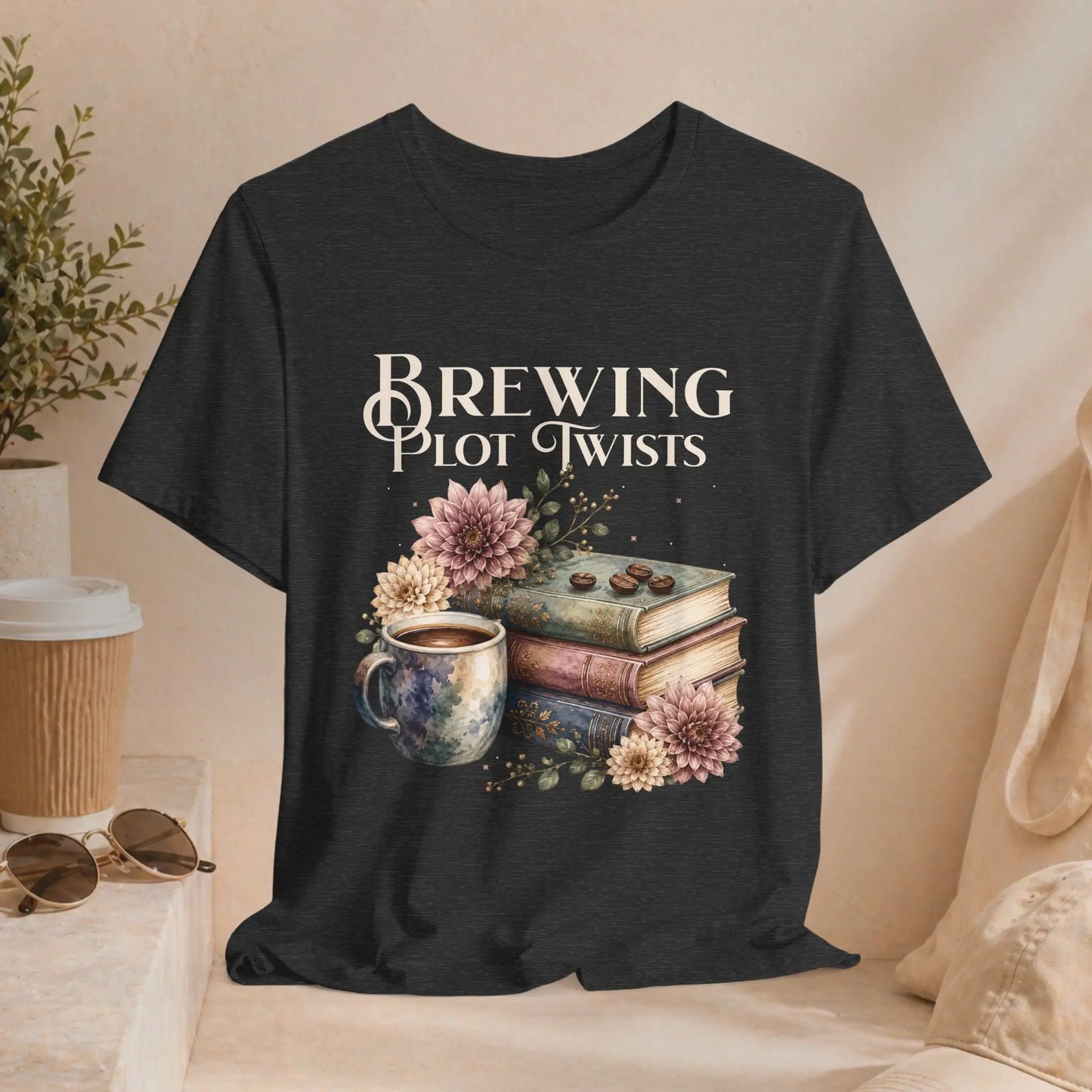 Brewing Plot Twists T‑Shirt — Coffee & Books Literary Tee Printify