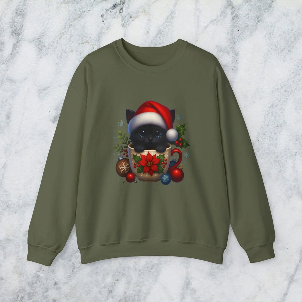 Christmas Kitten Coffee Cup Sweatshirt — Cute Black Cat in Santa Hat Holiday Crewneck Printify