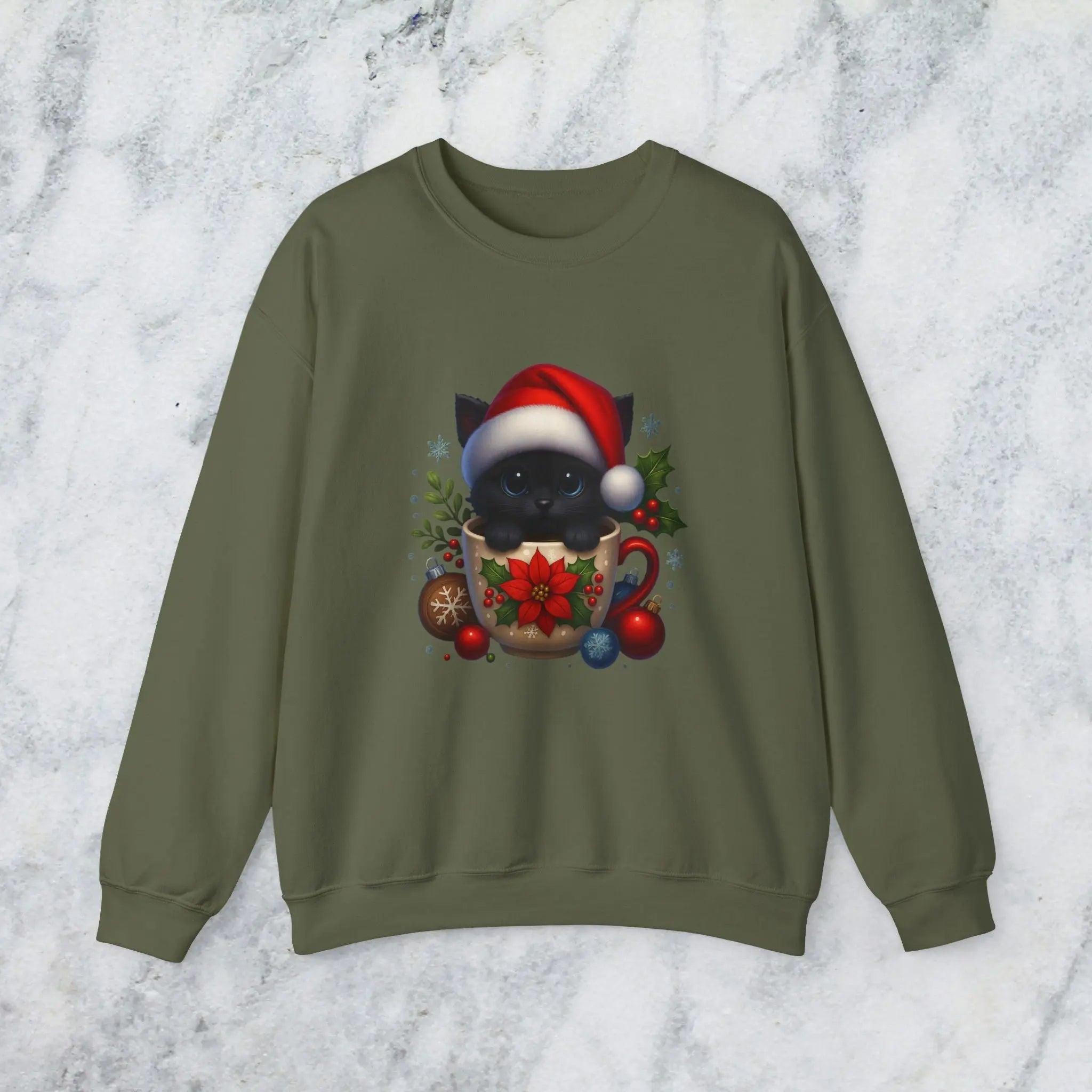 Christmas Kitten Coffee Cup Sweatshirt — Cute Black Cat in Santa Hat Holiday Crewneck Printify