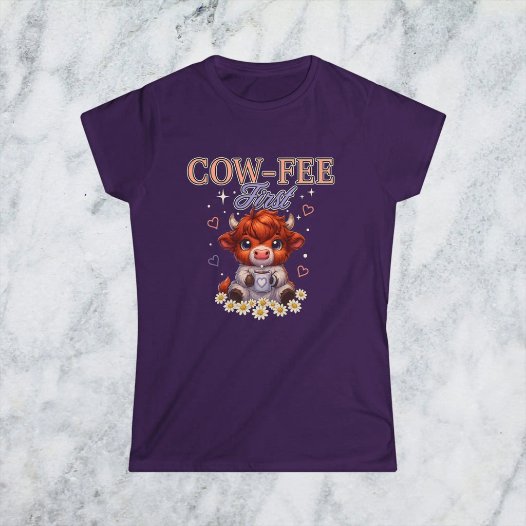 Cute Cow Coffee Tee — "Cow-fee First" Women's Softstyle T-Shirt Printify