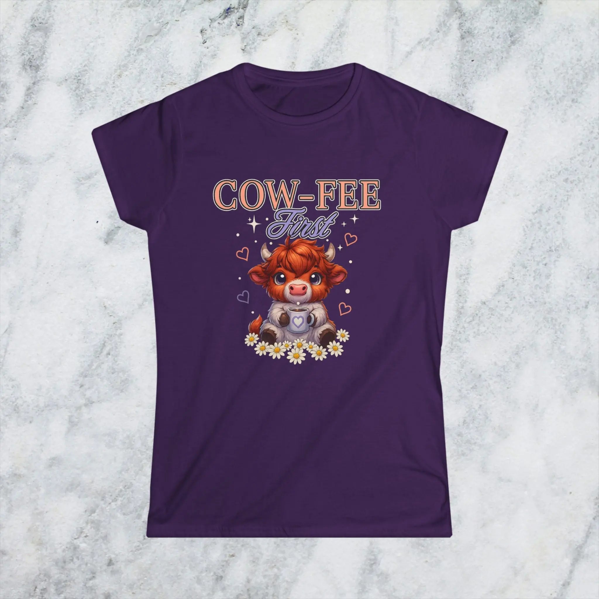 Cute Cow Coffee Tee — "Cow-fee First" Women's Softstyle T-Shirt Printify
