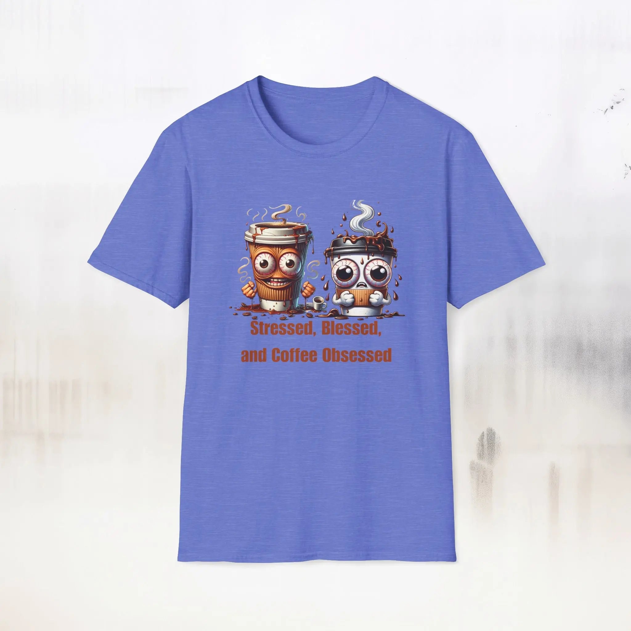 Stressed Blessed and Coffee Obsessed Shirt – Funny Coffee Lover T-Shirt, Caffeine Addict Tee, Cute Coffee Gift for Him Printify