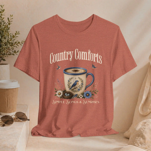 Country Comforts Tee — 'Simple Song & Sunrises' Coffee Mug Bird Floral Graphic T‑Shirt Printify