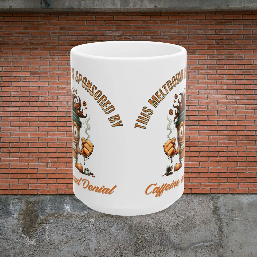 Caffeine and Denial 15 oz Ceramic Coffee Mug - Funny Togo Coffee Cup Meltdown Printify