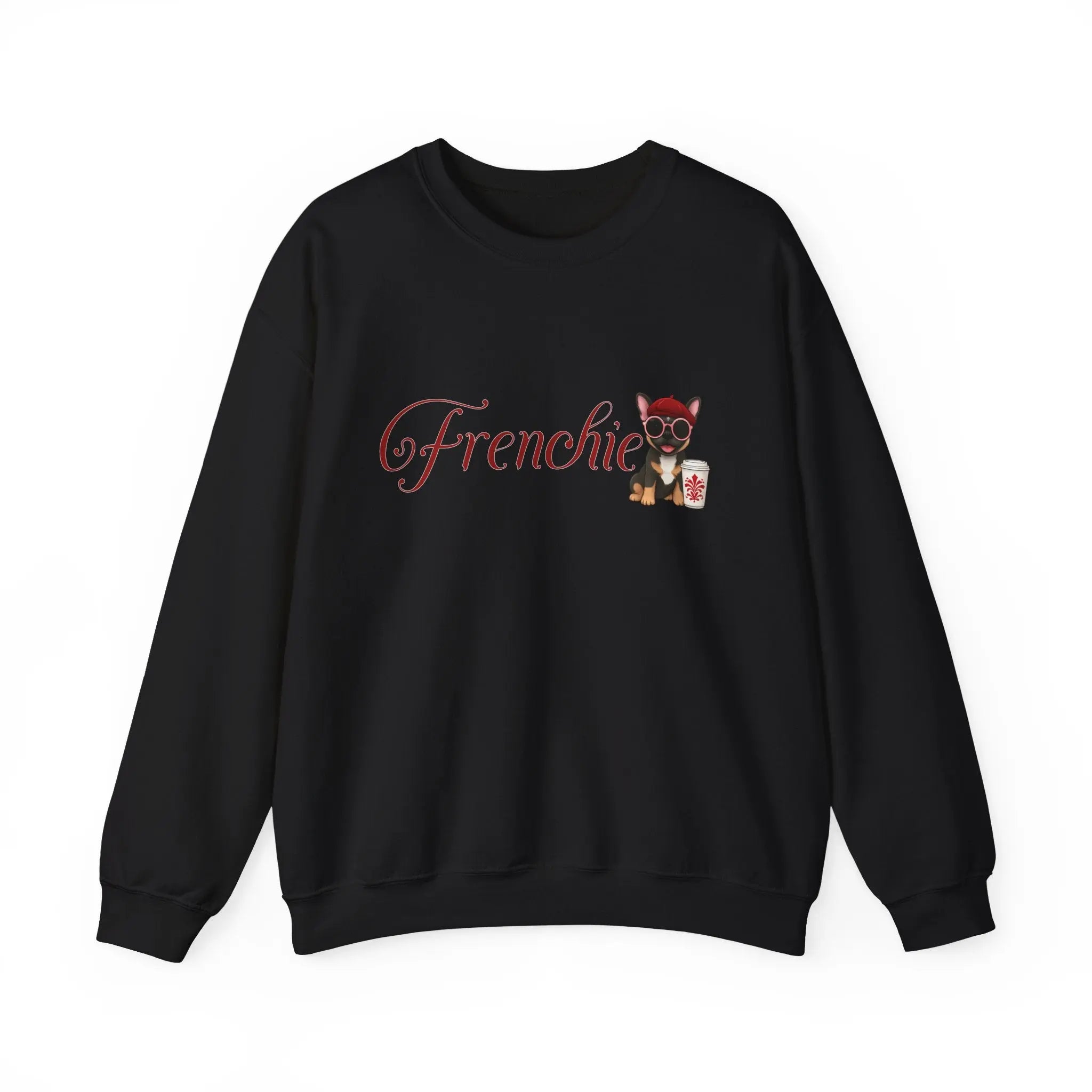 Frenchie Coffee Crewneck — Cute French Bulldog in Beret & Sunglasses Printify
