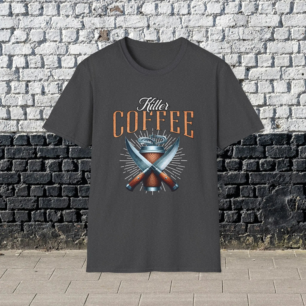 Killer Coffee T-Shirt — Crossed Knives & To-Go Cup Graphic Printify