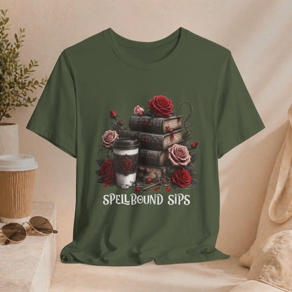 Spellbound Sips Tee - Gothic Book & Coffee Shirt Printify