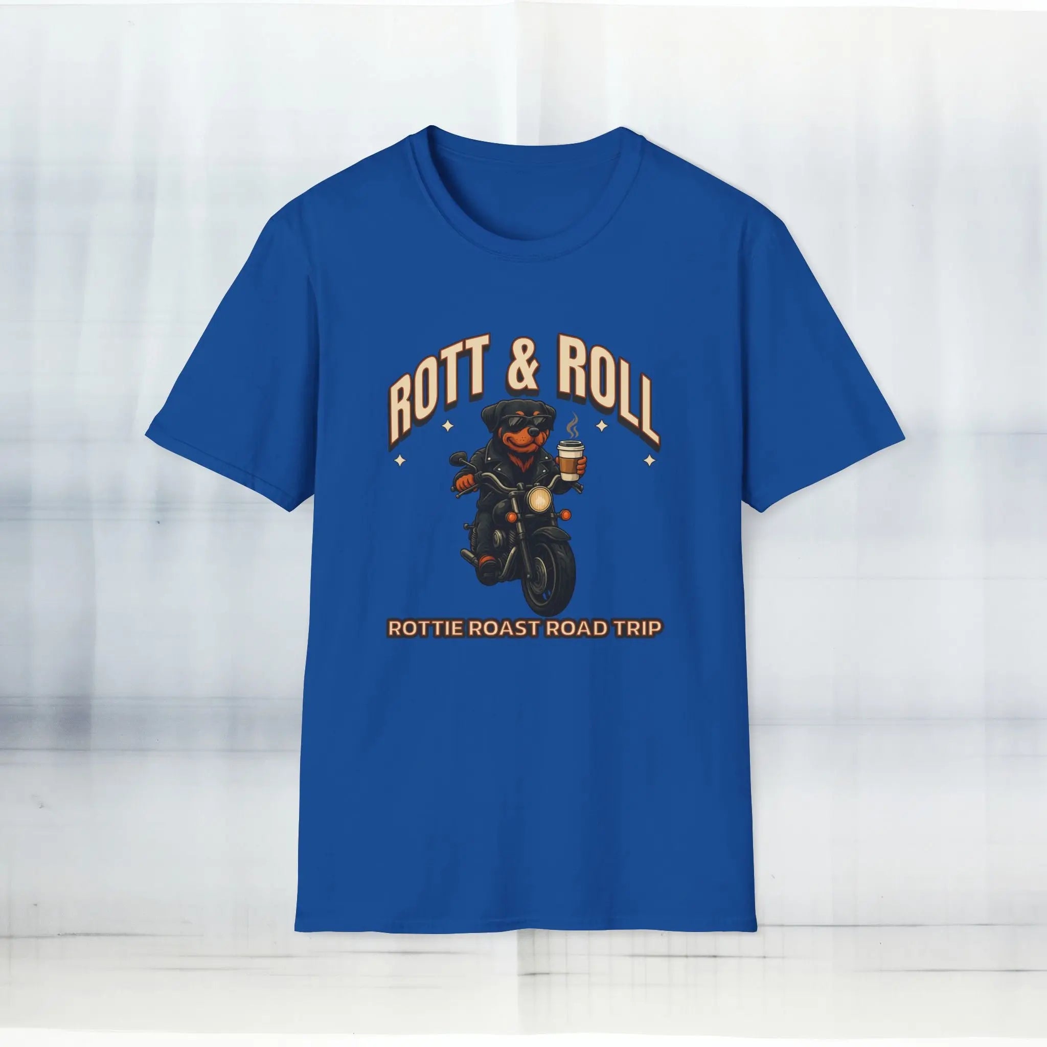Rott & Roll T-Shirt — 'Rottie Roast Road Trip' Motorcycle Dog Graphic Tee Printify