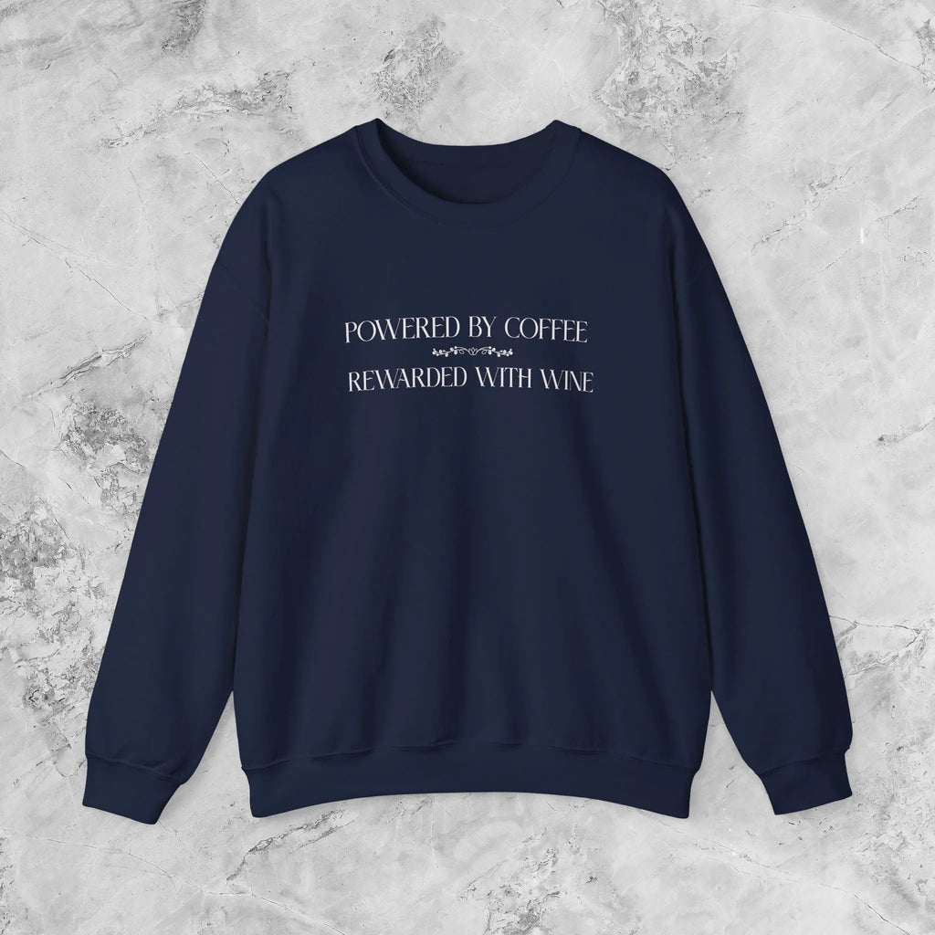 "Powered by Coffee, Rewarded with Wine" Crewneck Sweatshirt — Cozy Casual Coffee & Wine Lover Pullover Printify