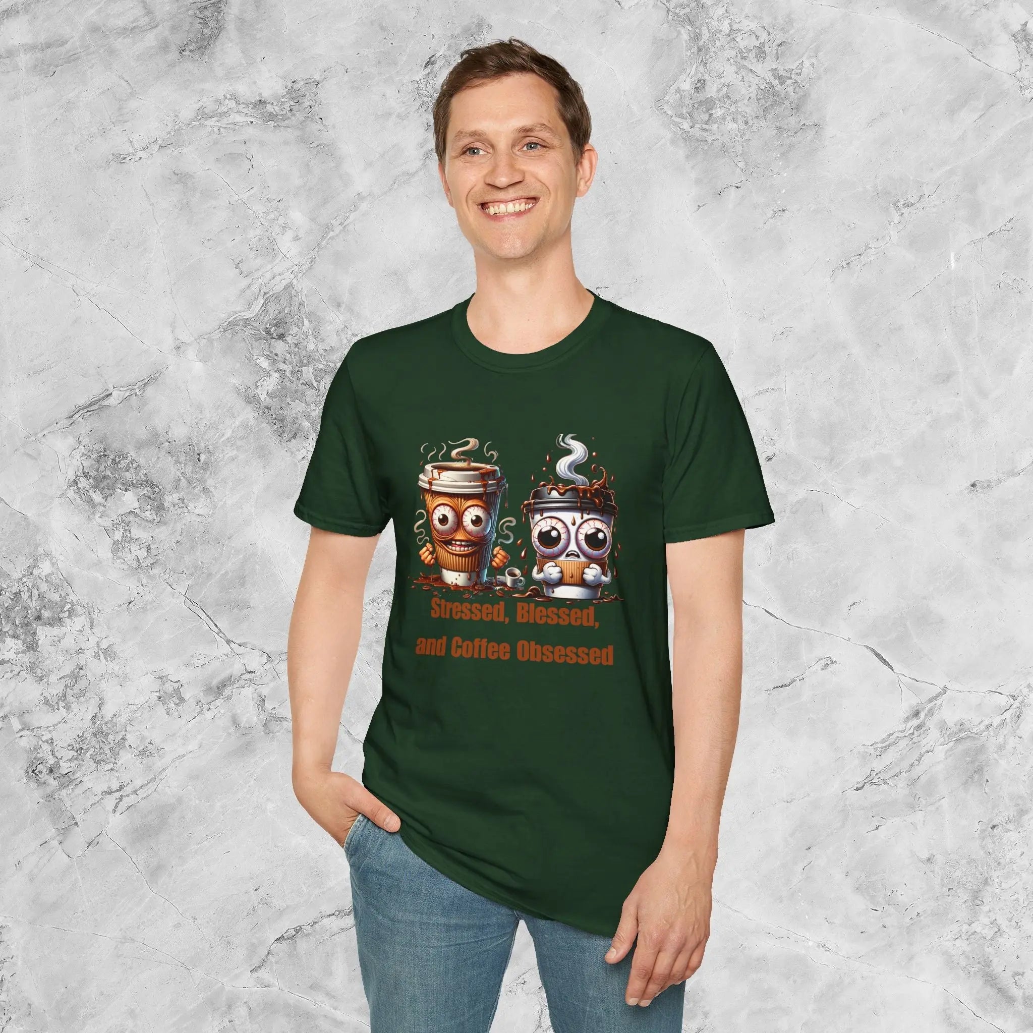 Stressed Blessed and Coffee Obsessed Shirt – Funny Coffee Lover T-Shirt, Caffeine Addict Tee, Cute Coffee Gift for Him Printify