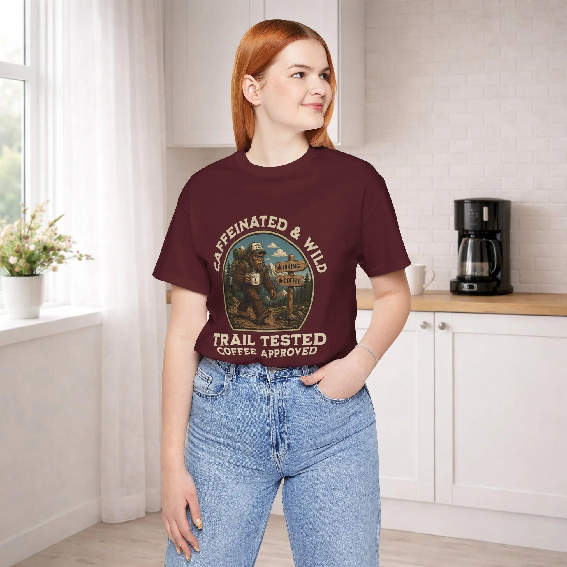 Caffeinated & Wild Tee — "Trail Tested Coffee Approved" Big Foot, Coffee, and Outdoor Hiking T-Shirt Printify