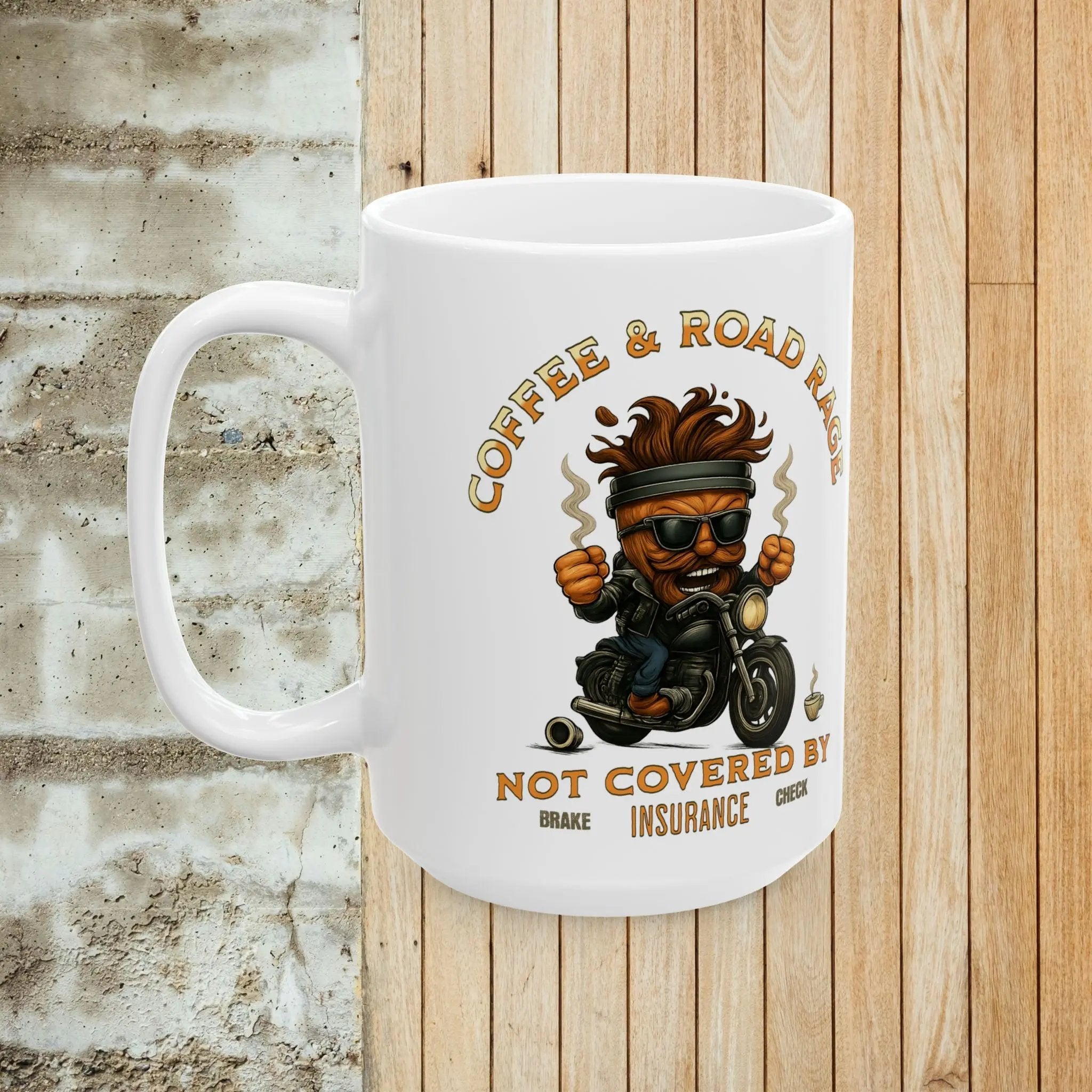 Coffee & Road Rage Mug – Funny Biker Coffee Cup 15oz, Motorcycle Rider Gift, Humor Mug for Men, Caffeine & Attitude Cup Printify