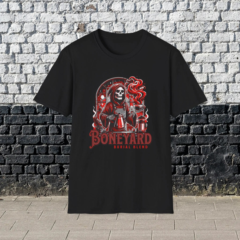 Boneyard Burial Blend T-Shirt – Gothic Coffee Lover Tee for Men, Grim Reaper Espresso Design, Dark Humor Caffeine Gift Shirt Printify