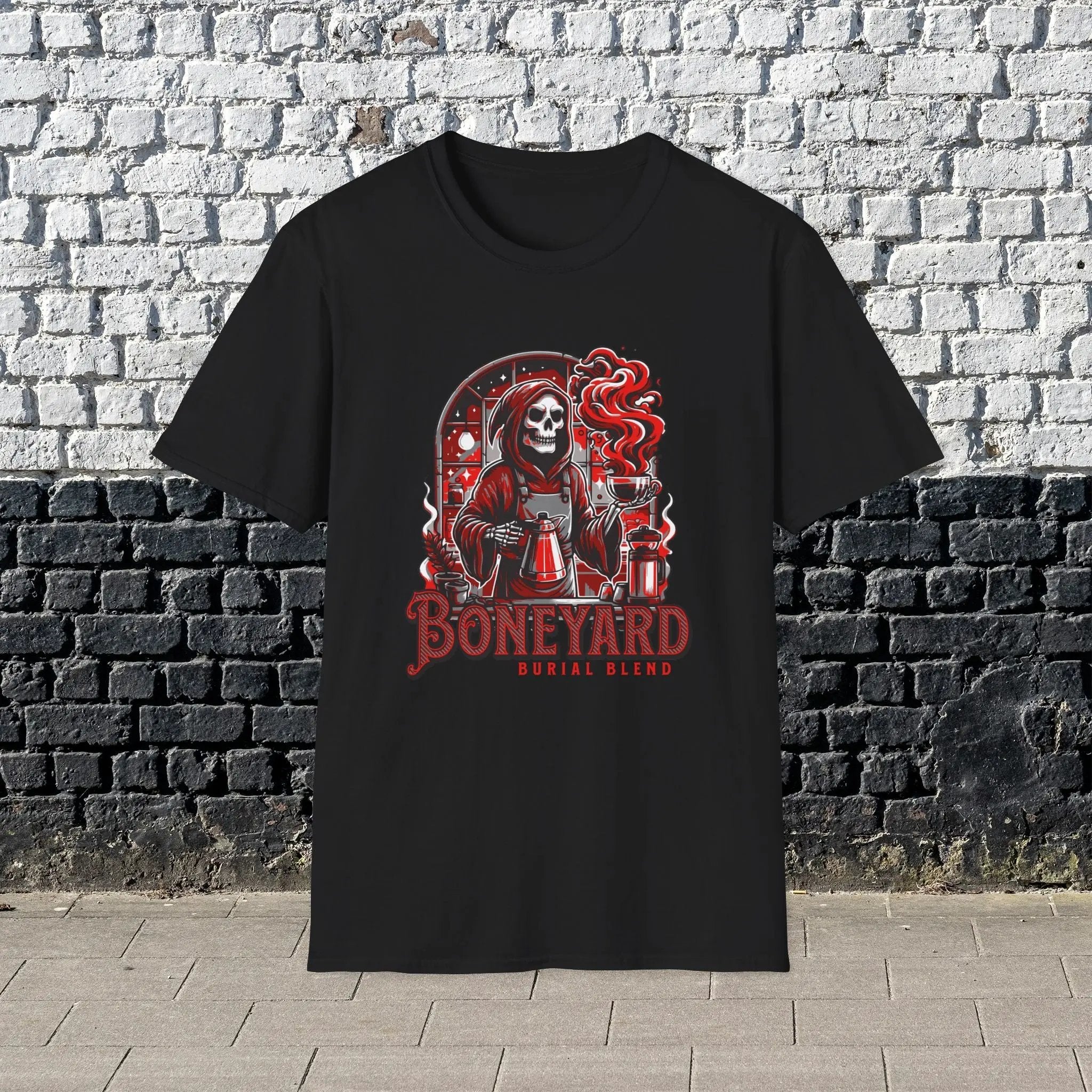 Boneyard Burial Blend T-Shirt – Gothic Coffee Lover Tee for Men, Grim Reaper Espresso Design, Dark Humor Caffeine Gift Shirt Printify