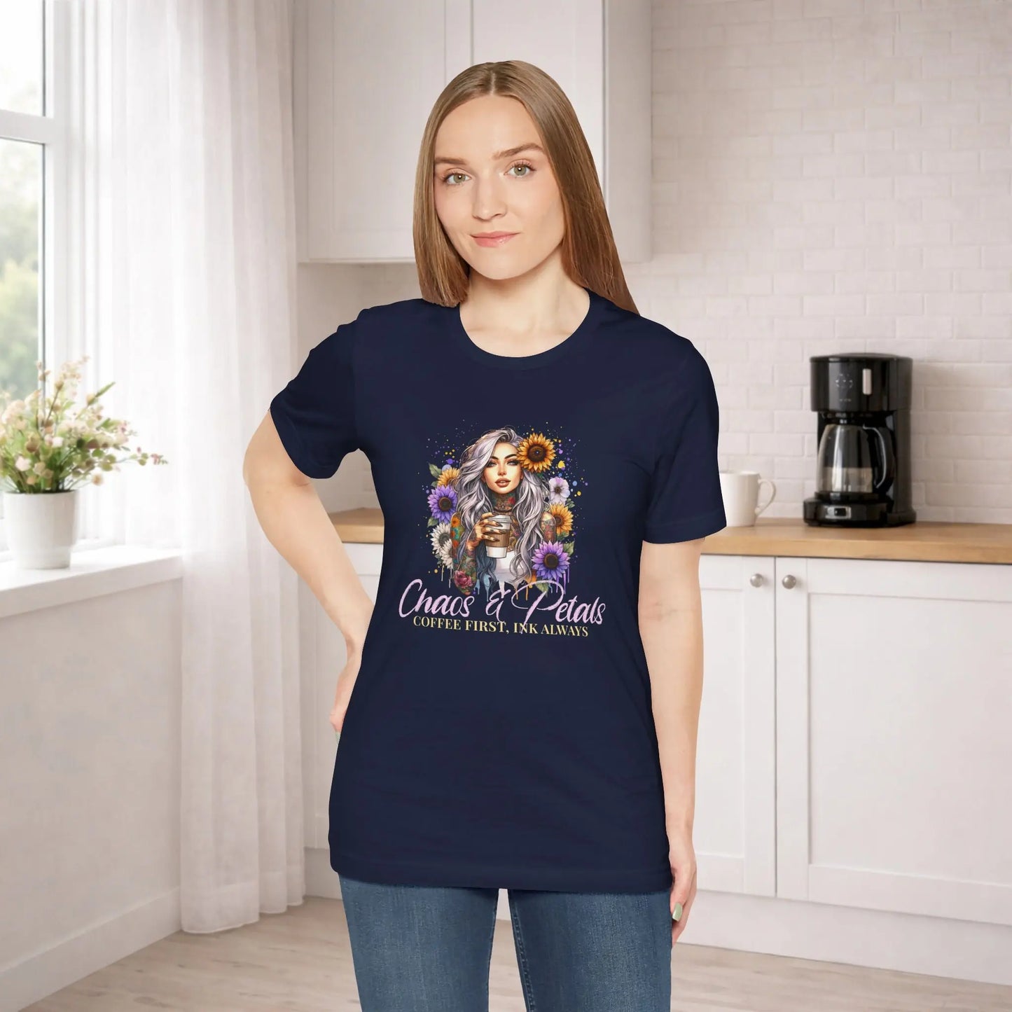 Chaos & Petals Coffee T-Shirt Printify
