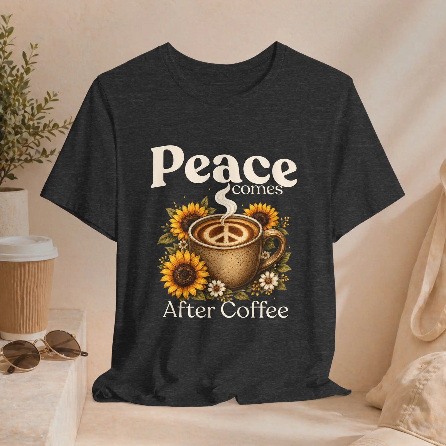 Peace Comes After Coffee Tee — Sunflower Coffee Lover T-Shirt Printify