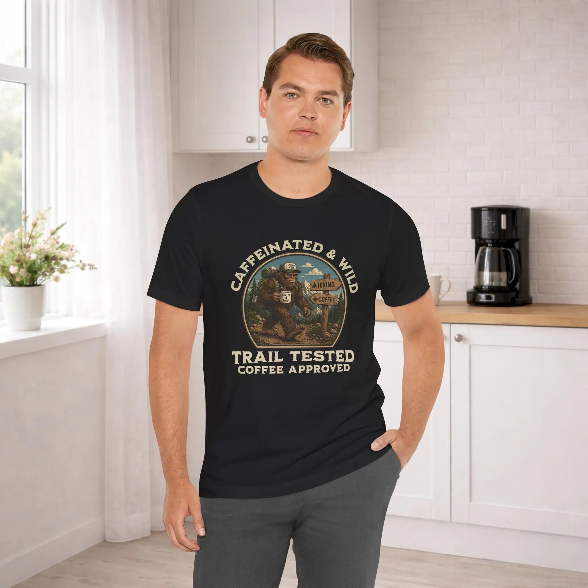 Caffeinated & Wild Tee — "Trail Tested Coffee Approved" Big Foot, Coffee, and Outdoor Hiking T-Shirt Printify